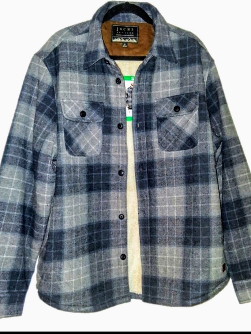MEN'S JACHS NY WOOL BLEND QUILTED SHERPA LINED GRAY PLAID SHIRT JACKET. XL.